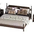 Elegant Wooden Double Bed with Multiple Pillows Patterned Blanket and Side Nightstands 3d model
