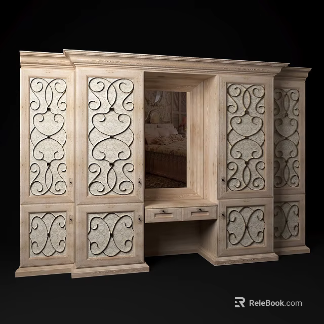 Classic Wooden Wardrobe With Intricate Carved Patterns Mirror And Drawers 3d model 