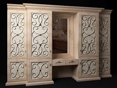 Classic Wooden Wardrobe With Intricate Carved Patterns Mirror And Drawers 3d model