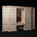 Classic Wooden Wardrobe With Intricate Carved Patterns Mirror And Drawers