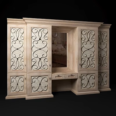 Classic Wooden Wardrobe With Intricate Carved Patterns Mirror And Drawers 3d model