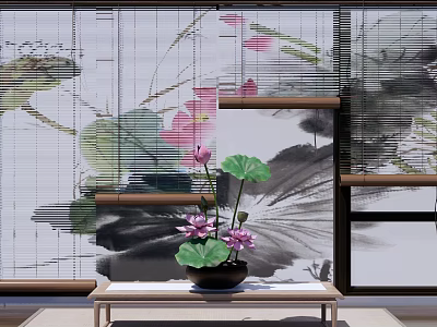 Bamboo Blinds With Chinese Ink Painting Design And Lotus Plant Interior Decor 3d model