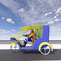 Yellow And Blue Electric Tricycle With Driver Riding On Road Under Blue Sky
