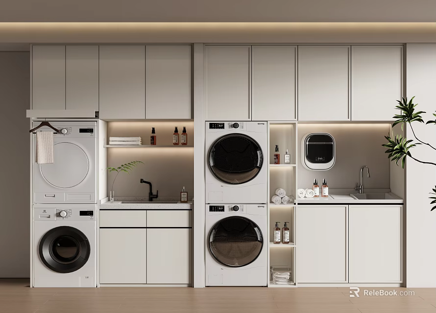 Modern White Balcony Cabinets With Washing Machines Sink Storage Shelves And Toiletries 3d model 