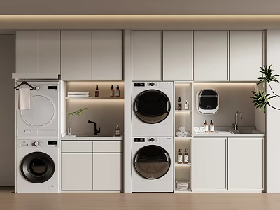 Modern White Balcony Cabinets With Washing Machines Sink Storage Shelves And Toiletries 3d model