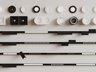 Modern Downlights and Spotlights in Black and White with Track Mounting Components 3d model