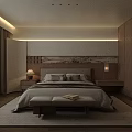 Modern Elegant Bedroom Interior With Large Bed Decorative Wall Art Nightstand Table Lamp And Bench