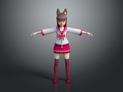 Cat Eared Girl Character Wearing School Uniform With Pink Skirt Red Bow And White Top 3d model