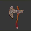 Decorative Ancient Axe with Intricate Ornate Patterns Orange Wooden Handle Red Grip 3D Rendering