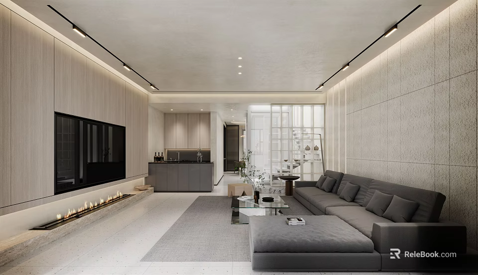 Modern Living Dining Room Interior With Gray Sofa TV Wall And Open Space 3d model 