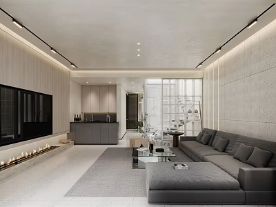 Modern Living Dining Room Interior With Gray Sofa TV Wall And Open Space 3d model