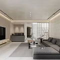 Modern Living Dining Room Interior With Gray Sofa TV Wall And Open Space
