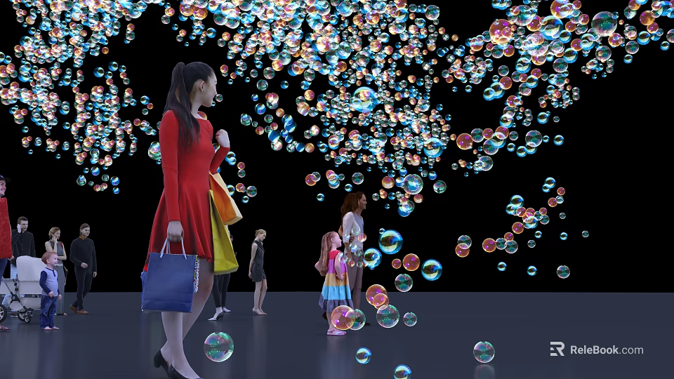 Colorful Bubbles Installation With People Interacting In Dark Background Vibrant Atmosphere 3d model 