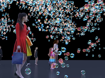 Colorful Bubbles Installation With People Interacting In Dark Background Vibrant Atmosphere 3d model