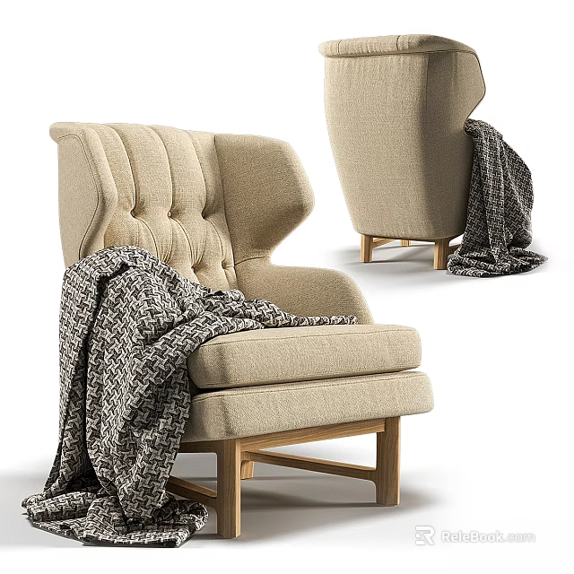 Cozy Accent Chair With Tufted Back Padded Seat And Wooden Legs Featuring Throw Blanket 3d model 