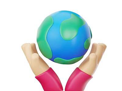 Round Blue and Green Earth Gently Held by Beige Hands with Red Sleeves 3d model
