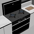 Modern Kitchen Gas Stove With Blue Flames On Marble Countertop And Wooden Cutting Board