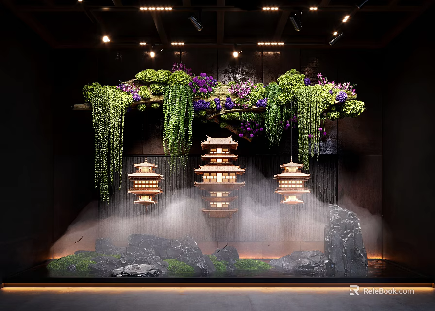 Indoor Landscape Featuring Hanging Green Vines Purple Flowers Pagoda Lanterns Mist Stones And Water Flow 3d model 