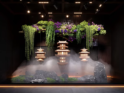 Indoor Landscape Featuring Hanging Green Vines Purple Flowers Pagoda Lanterns Mist Stones And Water Flow 3d model