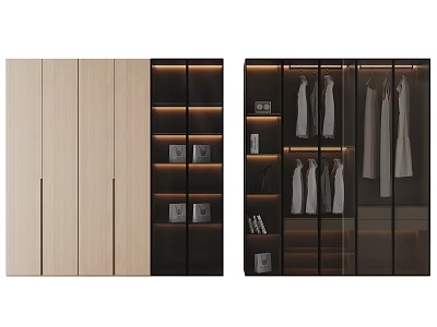 Modern Open Wardrobe Interior Design With Hanging Clothes Shelves And Lighting 3d model