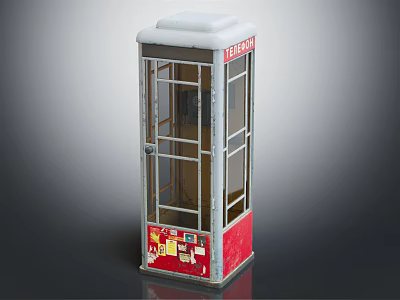 Red And White Telephone Booth With Glass Windows Bottom Stickers And Top Sign 3d model