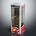 Red And White Telephone Booth With Glass Windows Bottom Stickers And Top Sign