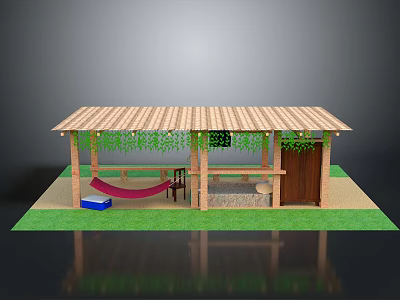 Outdoor Wooden Pergola With Striped Roof Green Vines Hammock Chair And Lawn 3d model