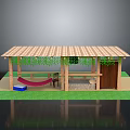 Outdoor Wooden Pergola With Striped Roof Green Vines Hammock Chair And Lawn