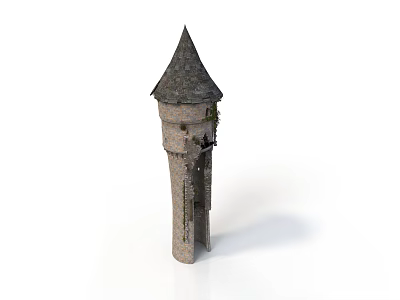 Stone Tower With Pointed Roof Windows And Growing Vines Architectural Structure 3d model