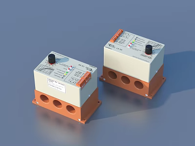 Two Household Control Boxes With White Orange Base Knobs Colorful Labels And Three Ports 3d model