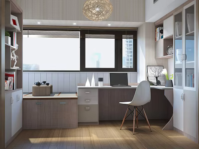 Modern Wooden Desk With Natural Light Window White Chair And Bookshelf Decorations 3d model