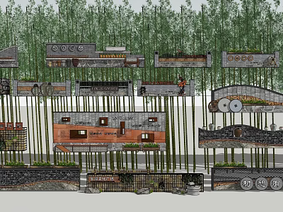 Landscape Feature Wall Design With Various Styles Tree Background And Decorative Elements 3d model