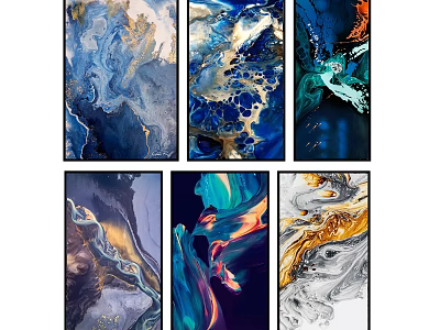 Abstract Paintings Set of Six With Vibrant Blue Gold Green Orange Fluid Swirling Textures 3d model