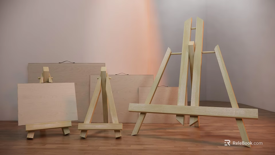 Wooden Art Easels And Canvases In Various Sizes On Wooden Floor With Light Walls 3d model 