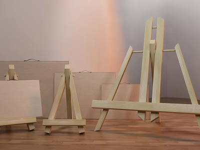 Wooden Art Easels And Canvases In Various Sizes On Wooden Floor With Light Walls 3d model