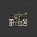 Cartoon Scene Brick And Stone Building With Green Roof Towers Arched Windows Decorative Porch