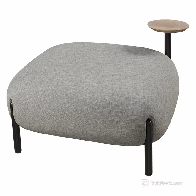Stylish Gray Upholstered Stool Design With Black Metal Legs And Round Wooden Side Table 3d model 