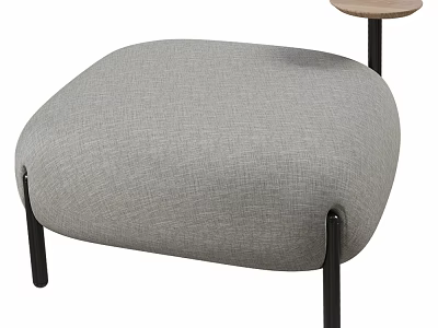 Stylish Gray Upholstered Stool Design With Black Metal Legs And Round Wooden Side Table 3d model