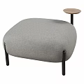 Stylish Gray Upholstered Stool Design With Black Metal Legs And Round Wooden Side Table
