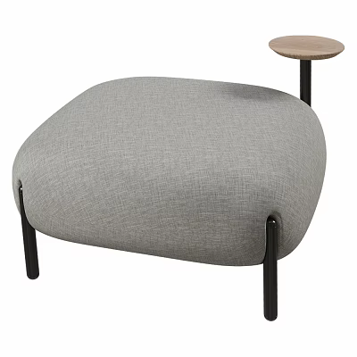 Stylish Gray Upholstered Stool Design With Black Metal Legs And Round Wooden Side Table 3d model
