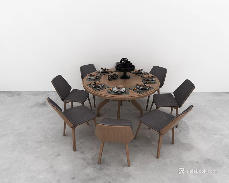 Round Wooden Dining Table Set With Six Gray Cushioned Chairs Tableware And Tabletop Decor 3d model 