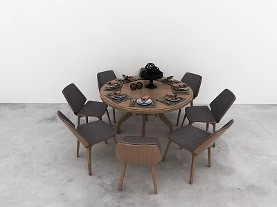 Round Wooden Dining Table Set With Six Gray Cushioned Chairs Tableware And Tabletop Decor 3d model