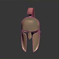 Ancient Bronze Weapon Helmet Featuring Polished Gold Surface And Red Crest Decoration