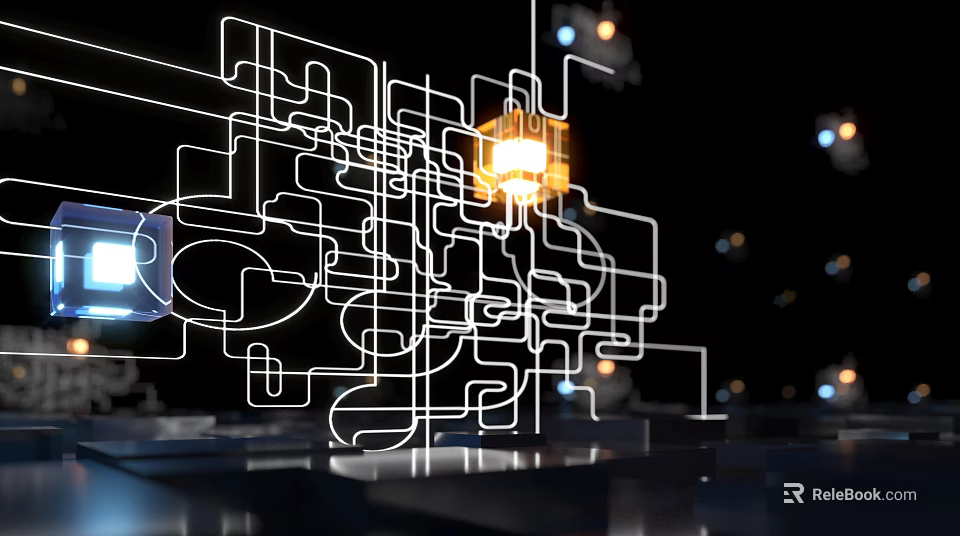 Smart Machine With Complex Network Structure White Lines Glowing Yellow And Blue Squares 3d model 