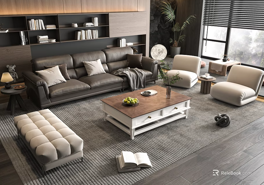 Modern Living Room Sofa and Coffee Table Set with Wooden Top Pillows Armchairs and Plants 3d model 