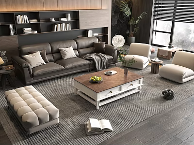 Modern Living Room Sofa and Coffee Table Set with Wooden Top Pillows Armchairs and Plants 3d model