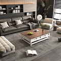 Modern Living Room Sofa and Coffee Table Set with Wooden Top Pillows Armchairs and Plants