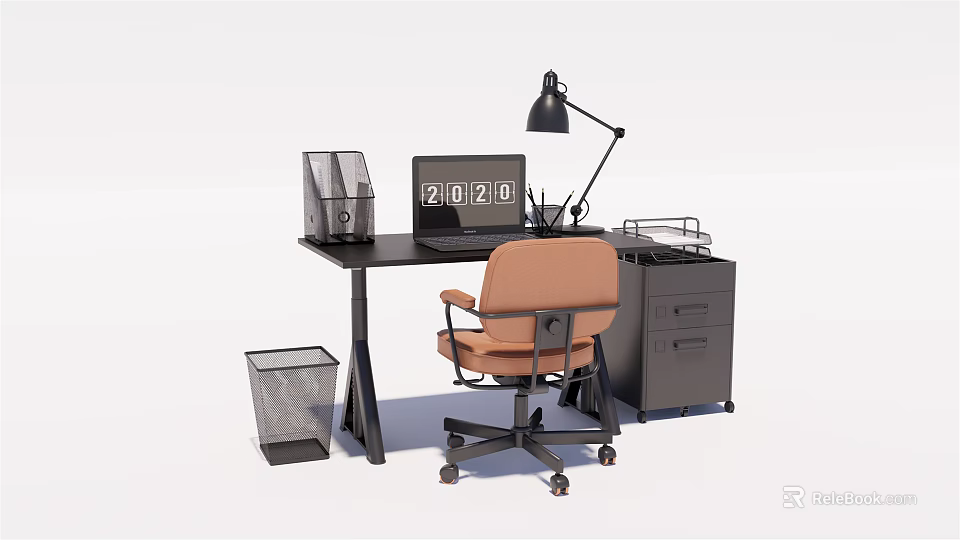 Modern Office Desk Setup With Black Surface Computer Monitor Desk Lamp And Filing Cabinet 3d model 