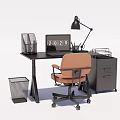 Modern Office Desk Setup With Black Surface Computer Monitor Desk Lamp And Filing Cabinet