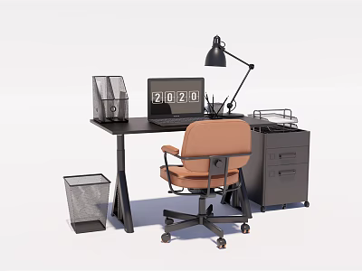Modern Office Desk Setup With Black Surface Computer Monitor Desk Lamp And Filing Cabinet 3d model
